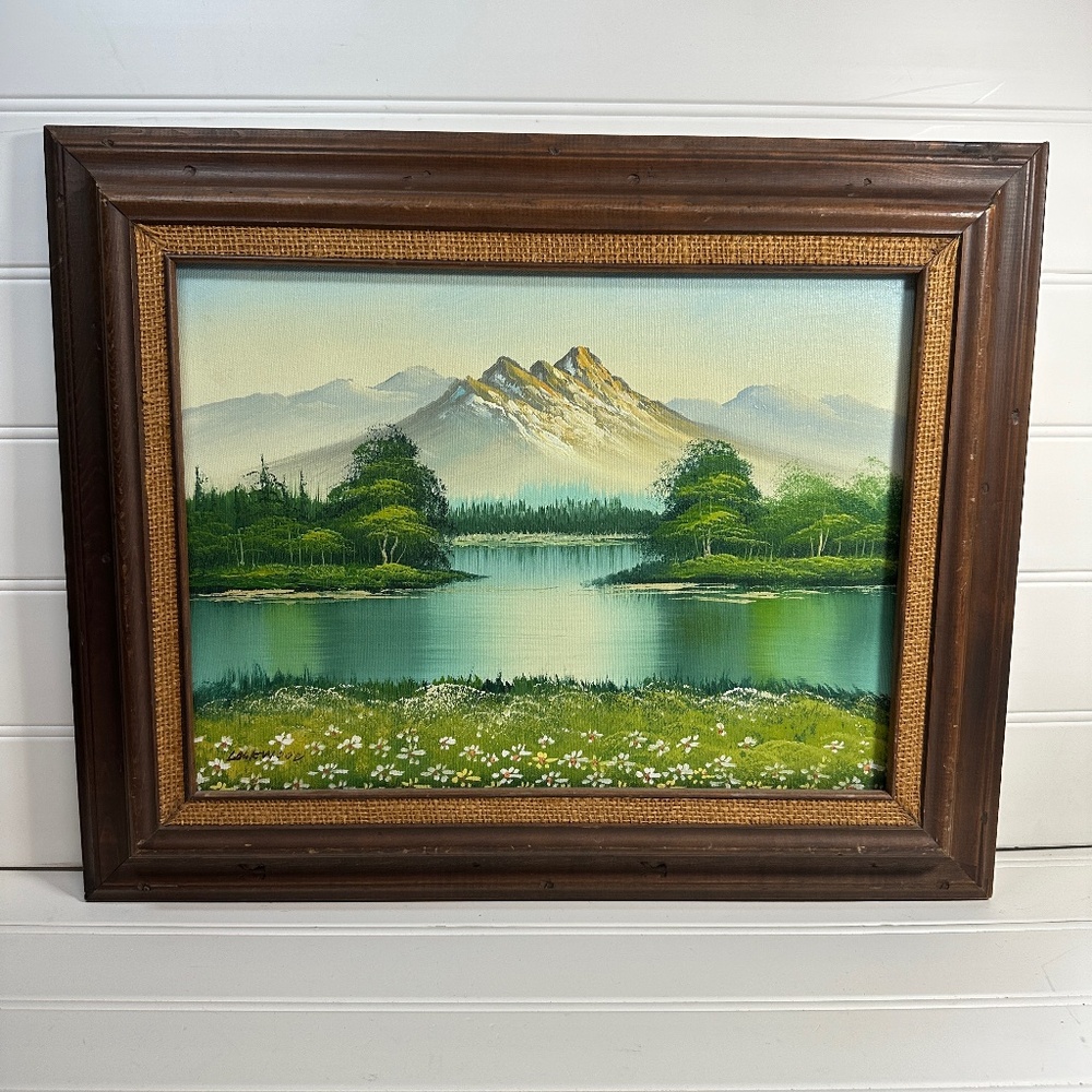 Vtg Signed Original Lake Mountain Landscape Canvas Framed Oil Painting LOCKWOOD